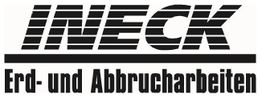 Logo mit Schriftzug "INECK Erd- und Abbrucharbeiten" in schwarzem Text auf weißem Hintergrund.
