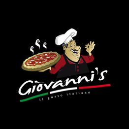 Karikatur eines Kochs mit Pizza und Schriftzug "Giovanni's - il gusto italiano" auf schwarzem Hintergrund.