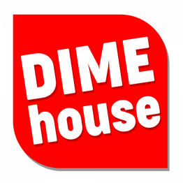 Rood logo met witte tekst: "DIME house" op een afgeronde vierkante achtergrond.
