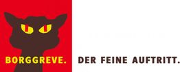 Schwarze Katzenfigur auf rotem Hintergrund, Text: "Borggreve. Der feine Auftritt."