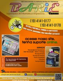 Panfleto da Bari's Toner, com contatos e serviços de manutenção de impressoras e toners.