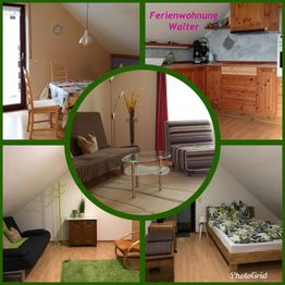 Collage von Ferienwohnung: Wohnbereich, Küche, Schlafzimmer, Esszimmer. Text: Ferienwohnung Walter.