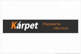 Logo de Kárpet, Papelería técnica, con fondo negro y letras naranjas y blancas.
