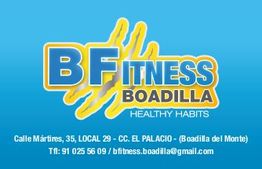 Logotipo "BFitness Boadilla" con datos de contacto en fondo azul.