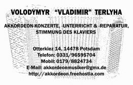 Visitenkarte für Volodymyr Terlyha: Akkordeon-Konzerte, Unterricht, Reparatur, Klavierstimmung.