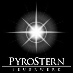 Logo mit leuchtendem Stern und den Worten "PyroStern Feuerwerk" auf schwarzem Hintergrund.