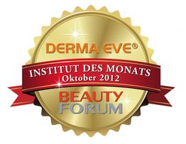 Goldenes Abzeichen mit rotem Banner: "Institut des Monats" von "Beauty Forum", Oktober 2012.