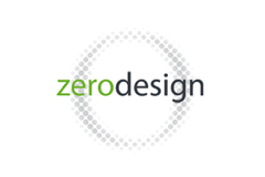 Logo mit Text "zerodesign" vor einem grauen gepunkteten Kreis.