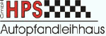 Logo des HPS Autopfandleihhauses mit rotem Schriftzug und schwarz-weißem Karomuster.