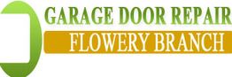 Green and orange Garage Door Repair Flowery Branch logo with a white box.