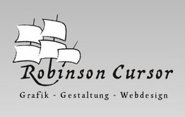 Schwarz-weißes Logo mit einem Segelschiff und dem Text: Robinson Cursor, Grafik, Webdesign.