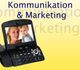 Telefon mit Bild von Frau und Kind, Text: "Kommunikation & Marketing", gelber Hintergrund.
