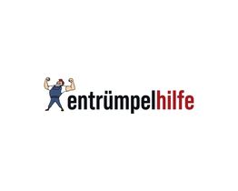 Logo mit "Entrümpelhilfe", links ein Cartoon-Muskelmann in Arbeitskleidung, Schrift in schwarz und rot.