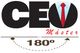 Texto "CEO Máster" con corbata roja y gráfico de rotación de 180 grados debajo.