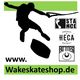 Silhouette eines Wakeskaters mit Logos und Schriftzug "www.wakeskateshop.de".