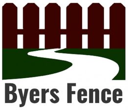 Logo with a brown fence, white path, green lawn, and the text "Byers Fence" below.