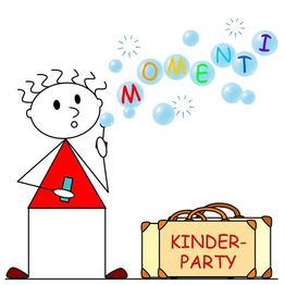 Strichmännchen bläst Seifenblasen; Koffer mit "KINDERPARTY" daneben, Buchstaben "MOMENTI".