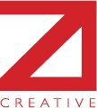 Logo rosso con la lettera "Z" e la scritta "CREATIVE" su sfondo nero.