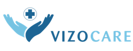 Hands holding a medical symbol next to the word "Vizocare" in blue gradient text.