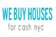 Text: "We buy houses for cash NYC" in blue and gray letters on white background.