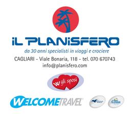 Logo "Il Planisfero" con dettagli di contatto e loghi affiliati su sfondo bianco.