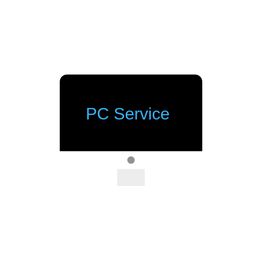 Computerbildschirm mit der Aufschrift "PC Service" auf schwarzem Hintergrund.