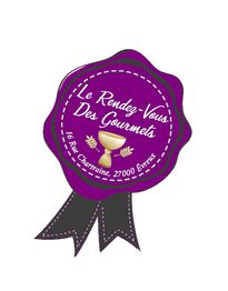 Ruban violet avec texte "Le Rendez-Vous Des Gourmets", adresse et icône trophée doré.
