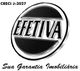 Logotipo redondo com a palavra "EFETIVA" em destaque no centro, em preto e prata.