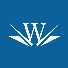 Weißes "W"-Logo mit stilisierten Linien auf blauem Hintergrund.