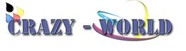 Text "CRAZY WORLD" mit buntem Logo und ellipsenförmigem Design im Hintergrund.