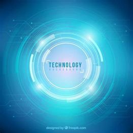 Futuristic blue tech background with circular digital interface and "Technology Background" text.