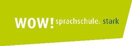 Grünes Logo mit Text "WOW! sprachschule. stark" in Weiß und Dunkelgrau.