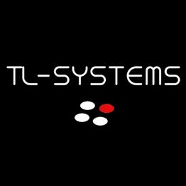 Schwarzer Hintergrund mit weißem "TL-SYSTEMS" Logo und fünf weißen, einem roten Punkt darunter.