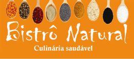 Colheres com especiarias sobre fundo laranja, texto "Bistrô Natural: Culinária saudável".