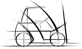 Strichzeichnung eines minimalistischen Autos mit zwei Rädern und geschwungenen Linien.