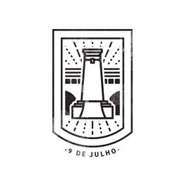 Brasão com ilustração de monumento, raios ao redor e texto "9 de Julho" abaixo.