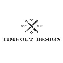 Logo mit Schriftzug "Timeout Design", gekreuztem Stift und Pinsel, "Seit 2007".