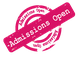 "Admissions Open" stamp in pink with a circular background.