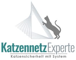 Silhouette einer Katze an einem Netz, mit Schriftzug: KatzennetzExperte.