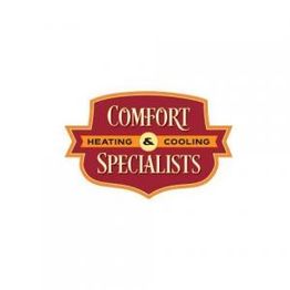 "Comfort Specialists logo with 'Heating & Cooling' text on red and gold badge."