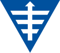 Triángulo azul con diseño de flecha y líneas blancas.