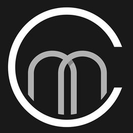 Stylized logo with letter "C" encircling a mirrored "M" on a black background.