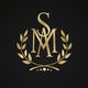 Gold "S" and "M" initials with laurel wreath on black background.