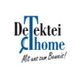 Logo mit Schriftzug "Detektei Tchome", blauer Buchstabe "T", Slogan: "Mit uns zum Beweis!".