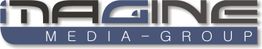 Logo mit Schriftzug "Imagine Media-Group" in Blau und Schwarz.