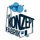 Logo mit Text "Die Konzeptfabrik", Fabrikgebäude und blauen Blasen.