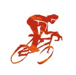 Abstrakte Illustration eines Radfahrers in Rot auf einem Fahrrad.