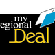 Logo mit Text "my regional Deal", zwei Rauten darüber, eine blau. Hintergrund ist schwarz und weiß.