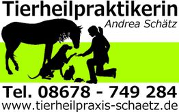 Silhouette von Frau mit Pferd, Hund und Katze, "Tierheilpraktikerin Andrea Schätz", Kontaktinfo.