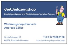 Visitenkarte: derWerkzeugshop, Andreas Zöller, Rimbach, mit Cartoon-Handwerker und Kontaktdaten.